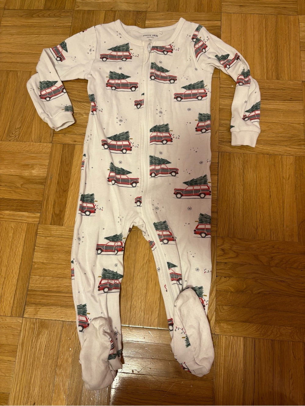 Petit Lem White Holiday Truck Print Zip Footed One-Piece 18 months